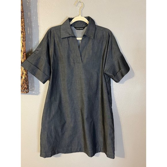 Ming Wang Side Pocket A Line Chambray Shirt Dress XL Dark Denim $195 Washable - Picture 3 of 16